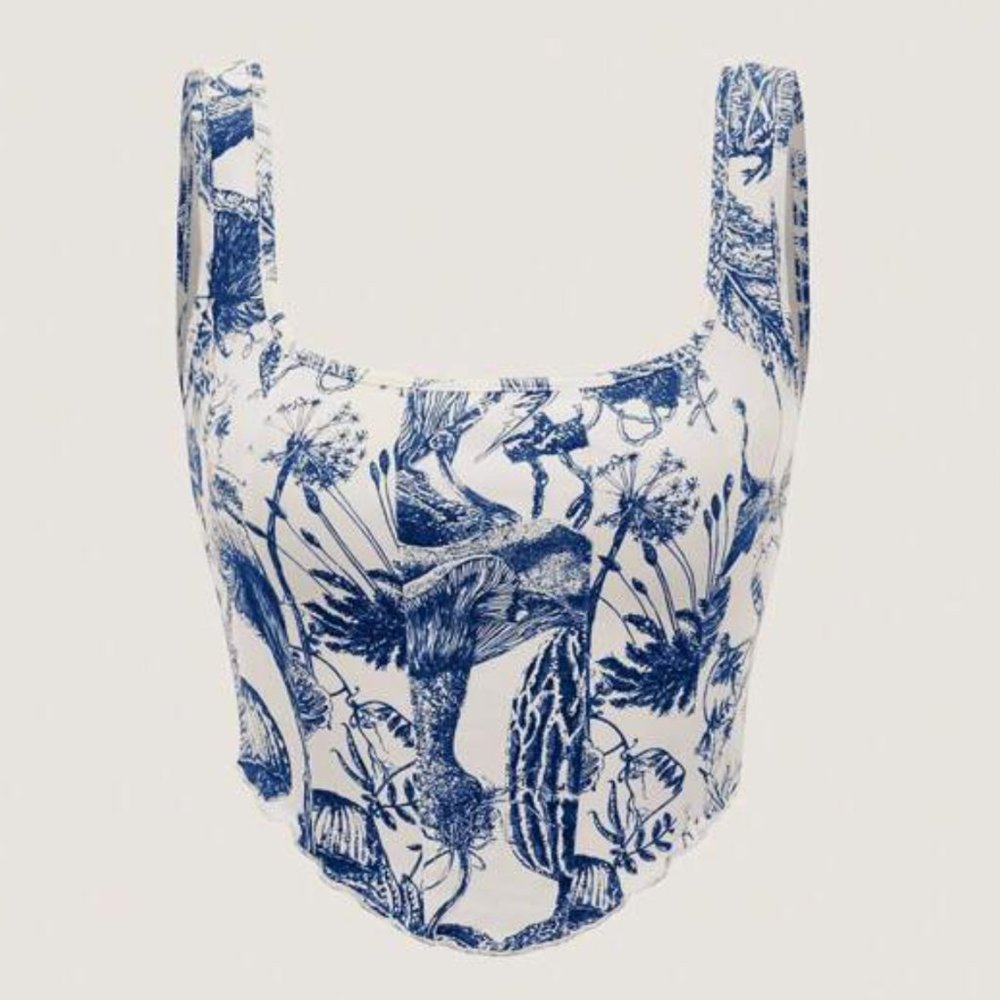 Shein Plant Print Blue and White Crop Top